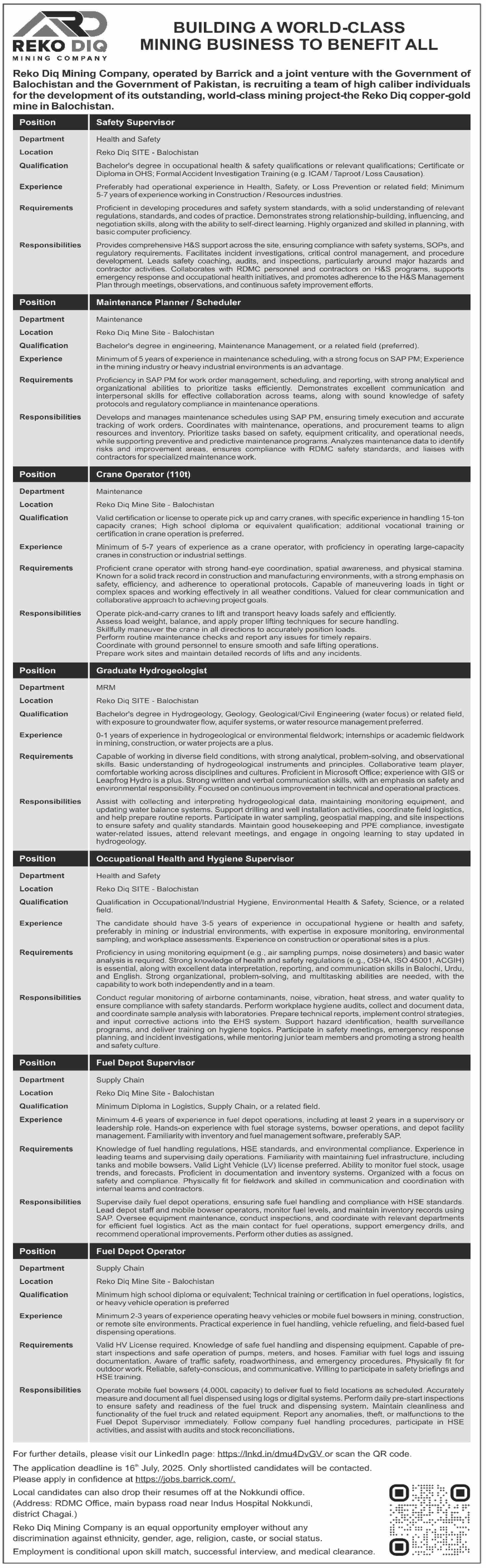 Jobs in Reko Diq Mining Company